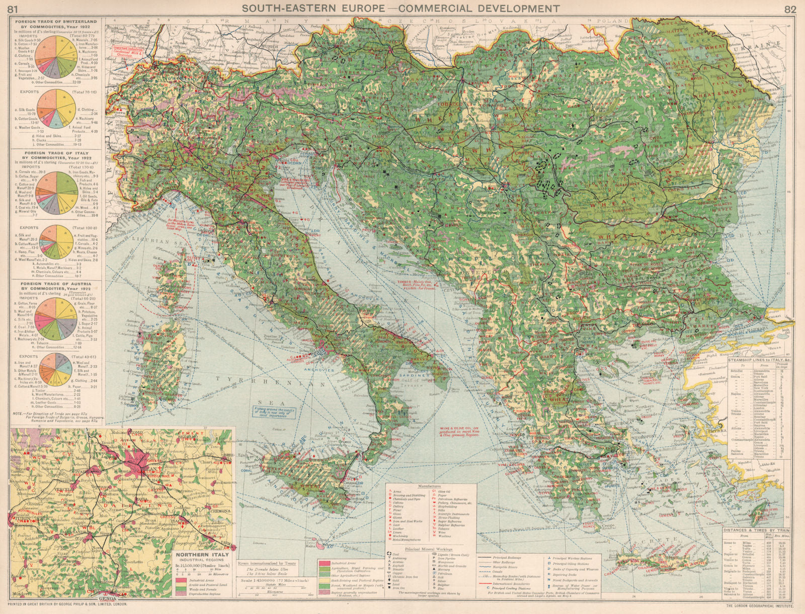 Italy/South-Eastern Europe. Commercial. Manufacturing minerals & mining 1925 map